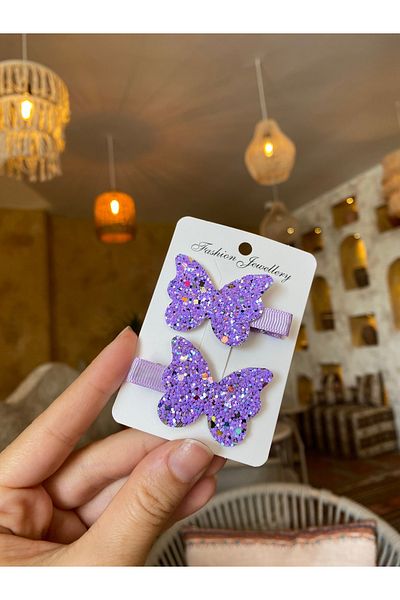 Little Sparkle Co. Set de 2 catarame cu clipuri cu sclipici liliac Miks Butterfly Figured