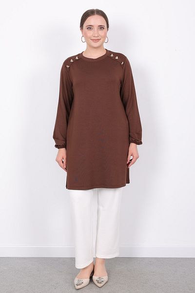 Linvey Crystal Daily Gold Heart Buttoned Summer Thin Combed Cotton Fabric Wide Fit Women's Tunic