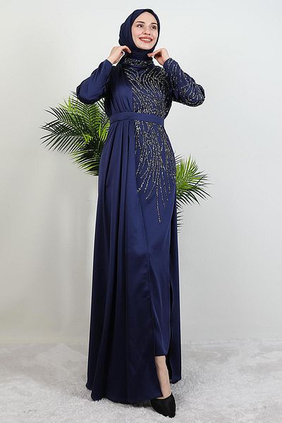 giz astore Royal Satin Evening Dress Navy Blue