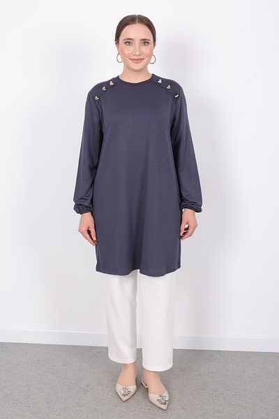 Linvey Crystal Daily Gold Heart Buttoned Summer Thin Combed Cotton Fabric Wide Fit Women's Tunic