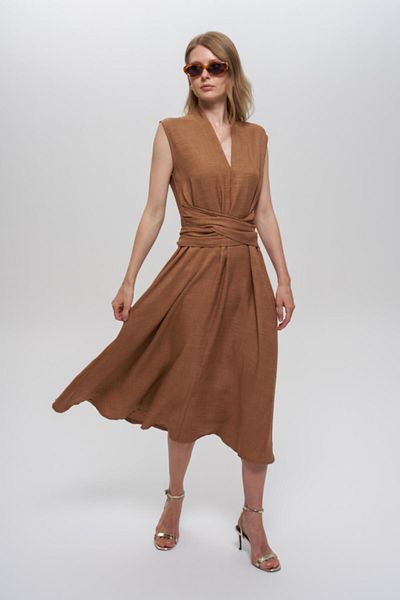Journey V-Neck-Front Belt Tie-Up, Long Dress