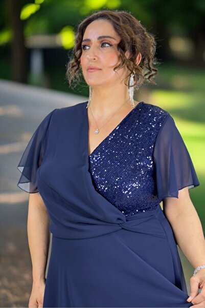 yagmurberen Kruvaze Breast Angel Sleeve Sequence Lined Skirt Plus Size Chifon Evening Dress