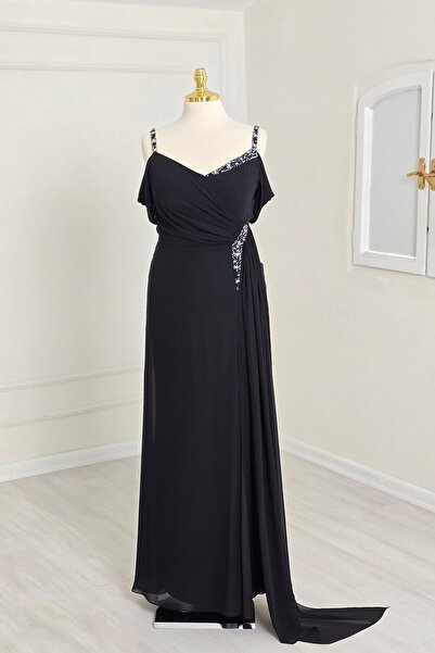 Yonca Moda Evi Siyah Şifon Taş Askılı Drapeli Yırtmaçlı B.Beden Abiye 0604