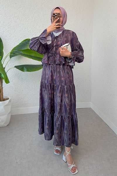 Salih Çelebi Ethnic Pattern Skirt Suit 2326 - Purple