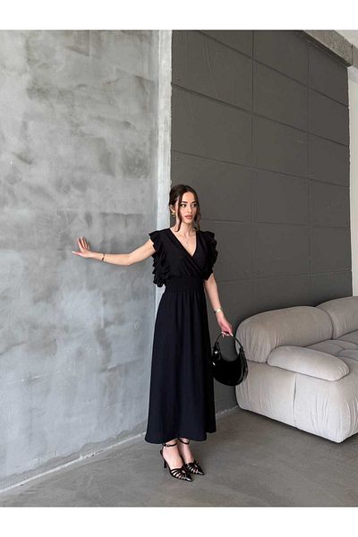 Gc.Butiq Women's Waist Gipeli Wrap Fabric V Neck Zero Sleeve Ruffled Long Dress