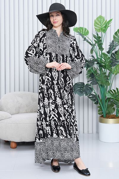 EL jadida Women's Katkat Patterned Plus Size Viscose Hijab Dress Black