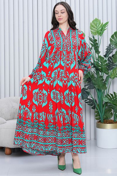 EL jadida Women's Katkat Patterned Plus Size Viscose Hijab Dress Red