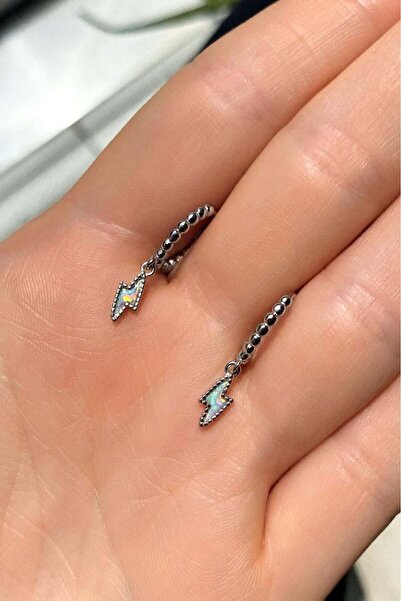 Spossy Silver Jewelry 925 Ayar Gümüş, Silver, Beyaz Opal Taşlı Şimşek Küpe