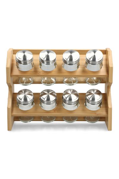 Bien Servi 8-Piece Bamboo Spice Jar Set with Stand Clear and Brown