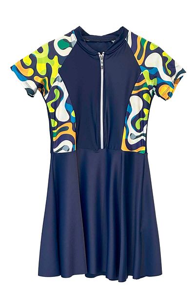 REMSA Uv Protection Skirted Leggings Short Sleeve Girls Swimsuit Mira 1511 Navy Blue01 Neon