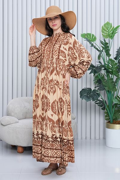 EL jadida Women's Katkat Patterned Plus Size Viscose Hijab Dress Beige