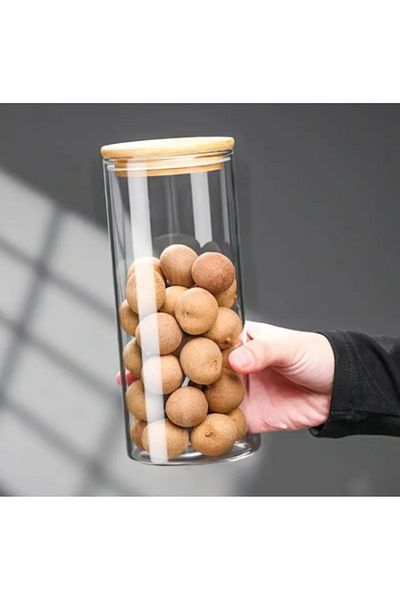 Noah Exclusive 1400 Cc - (Set of 2) Borosilicate Glass Spice Jar - with Bamboo Lid - Storage Container - (9 cm X 22 cm)