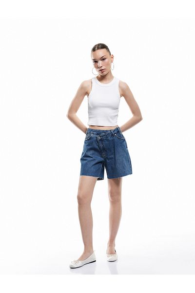 Koton New Season Asymmetric Button Detailed Pocket Mini Denim Shorts