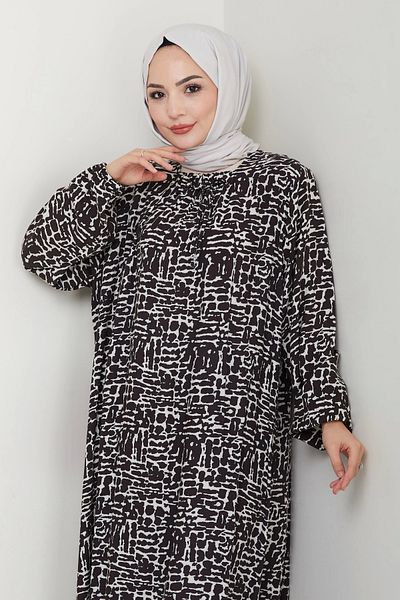 Moda MSK Τετράγωνος γιακάς Plus Size Φόρεμα Μητέρας Βισκόζης Καφέ Λευκό