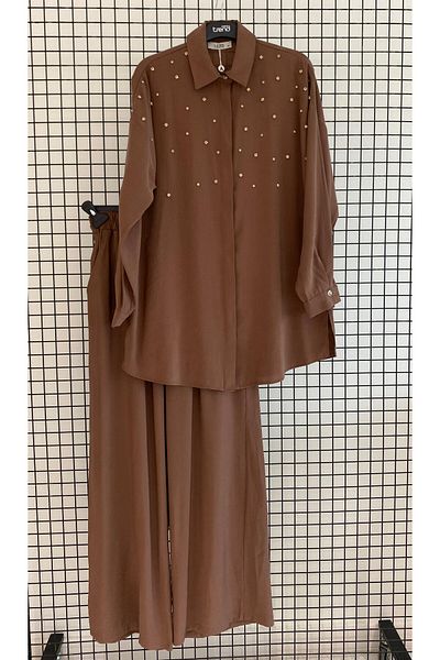 Armine Modal Fabric Summer Tunic-Pants Set with Hidden Buttons Sparkling Stones
