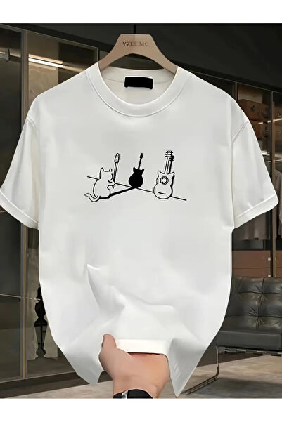 AEMİ تي شيرت برقبة دائرية كبيرة الحجم مطبوع عليه جيتار قطة للجنسين