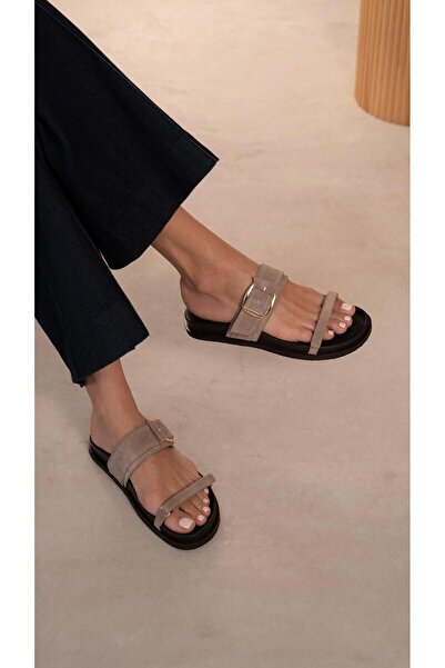 ECENİN BUTİĞİ Tokyo Vizon Süet Hakiki Deri Kadın Terlik