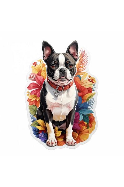 INOVATIX Set de 8 piese, autocolant pentru câini Boston terrier cu zgardă, INOVATIX®. 6 cm
