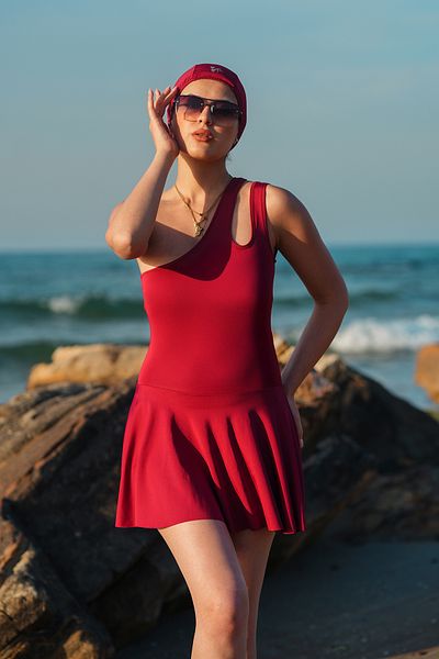 Gugus Women's One Shoulder Double Strap Dress Swimsuit with Inner Tights