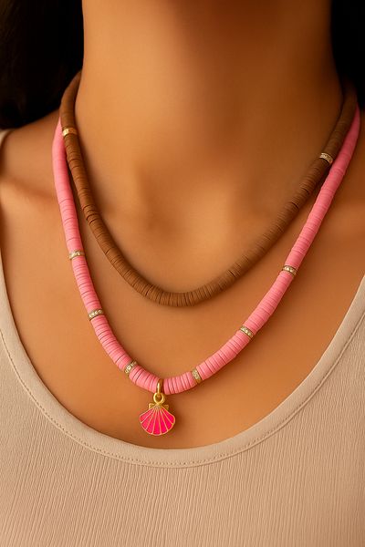 Fun Life Coffee and Light Pink Fimo Bead Necklace Set – Seashell Detail