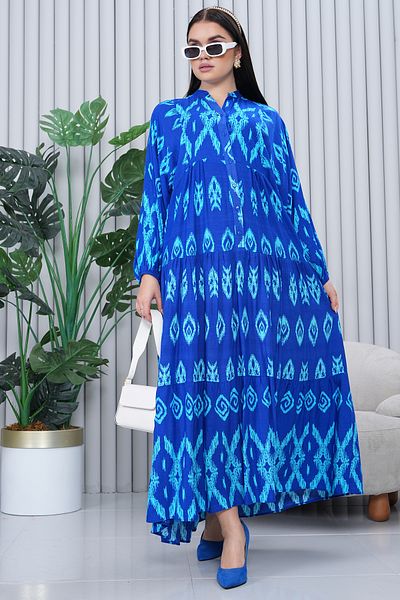 EL jadida Women's Katkat Patterned Plus Size Viscose Hijab Dress Saks Blue