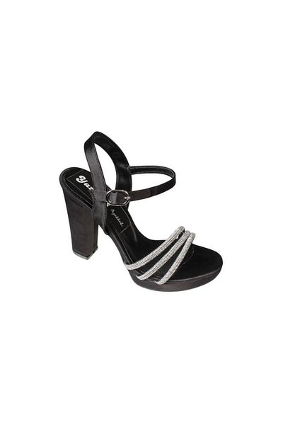 Yaz Kış Ayakkabı Yazkiş Women's Black Silver Satin 3-Stripes Stone 10cm Thick Heel 2cm Platform Heel Evening Dress Shoes