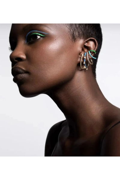 AychaAksesuar Çelik vip za marka model mavi yeşil mineli sallantılı zirkon taşlı tarz ear cuff kıkırdak küpe