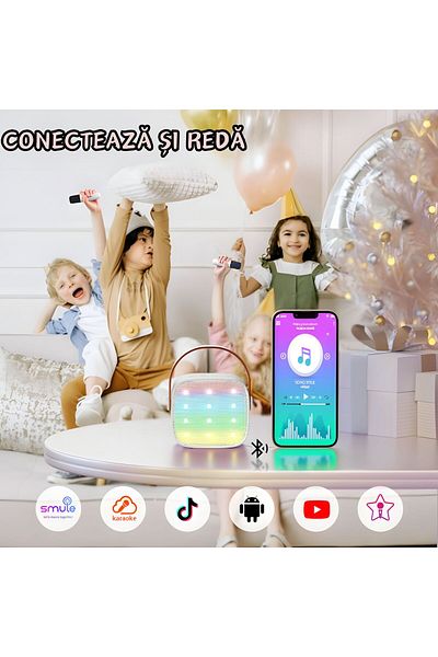 goBERA Set 2 microfoane karaoke copii cu difuzor portabil goBERA®, 4 efecte voce, Lumini LED,