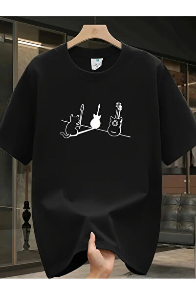 AEMİ تي شيرت برقبة دائرية كبيرة الحجم مطبوع عليه جيتار قطة للجنسين