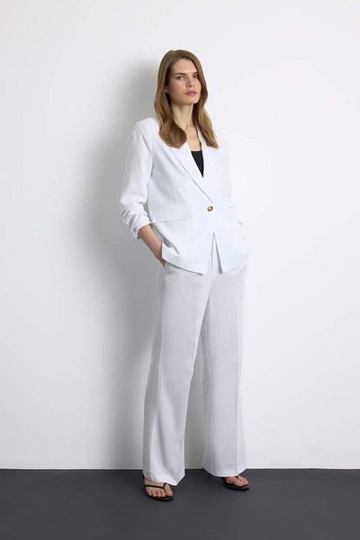 DeFacto New Season Oversize Wide Fit Linen Blended White Blazer Jacket