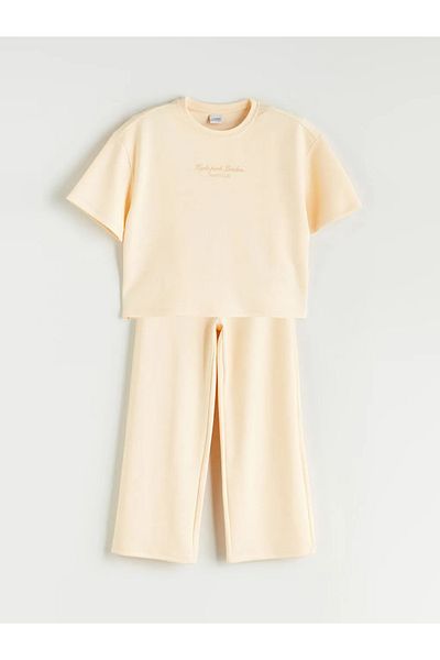 LC Waikiki Lcw Kids Orange Crew Neck Soft Touch Girls T-Shirt and Sweatpants