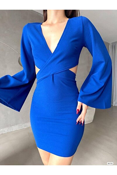 Modafeminen V-Neck Low-Cut Cross Closure Mini Size Imported Crepe Fabric Evening Dress Saks 582735