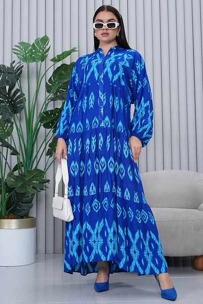 EL jadida Women's Katkat Patterned Plus Size Viscose Hijab Dress Saks Blue