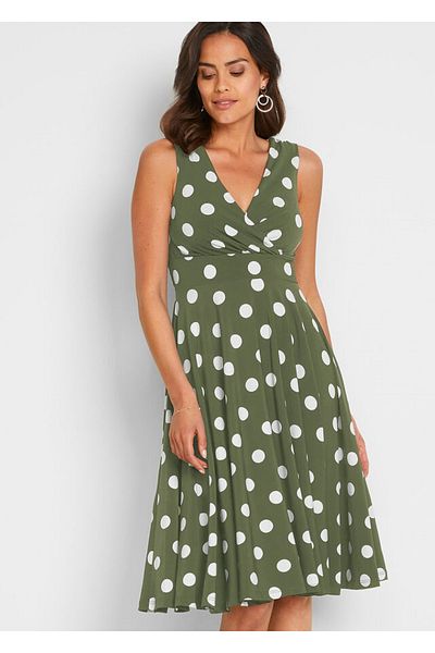 Şans Women's Plus Size Khaki, Point Pattern Wrapped Back Waist Rubber Detail Dress 65N19620