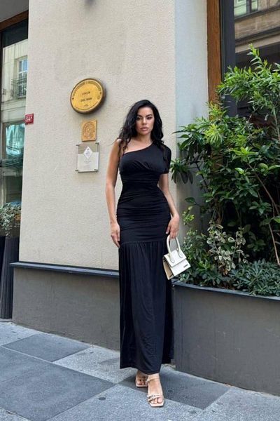 Mossta One Shoulder Gathered Sandy Dress - Black