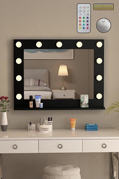 nysamo 90x70cm Siyah Raflı Işıklı Kumandalı Makyaj Masası Etejer Banyo Aynası Dresuar Salon Aynası