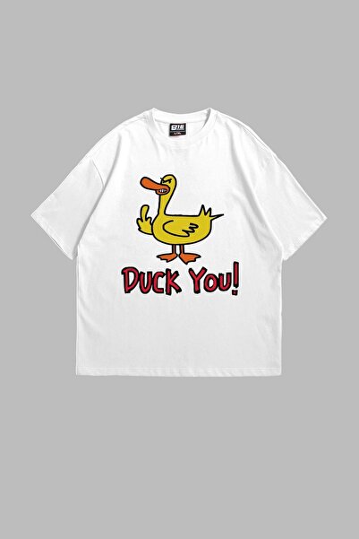 Bak Moda Duck You! Printed Oversize Unisex White Tshirt