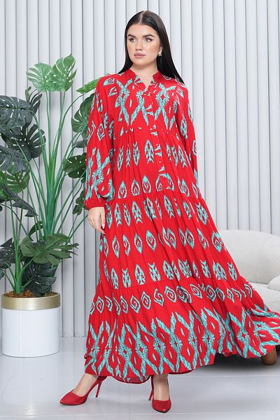 EL jadida Women's Katkat Patterned Plus Size Viscose Hijab Dress Red