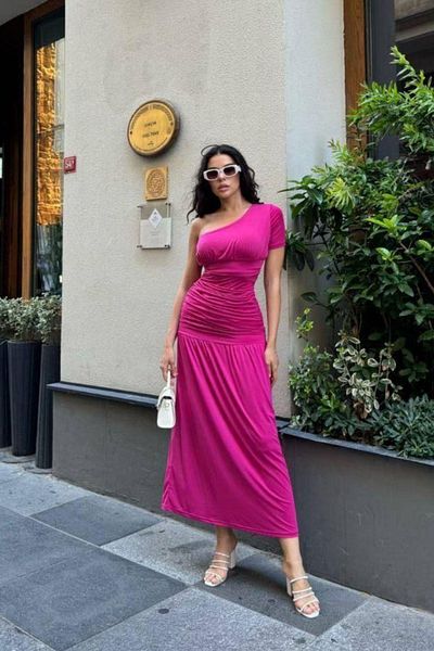 Mossta One Shoulder Gathered Sandy Dress - Pink