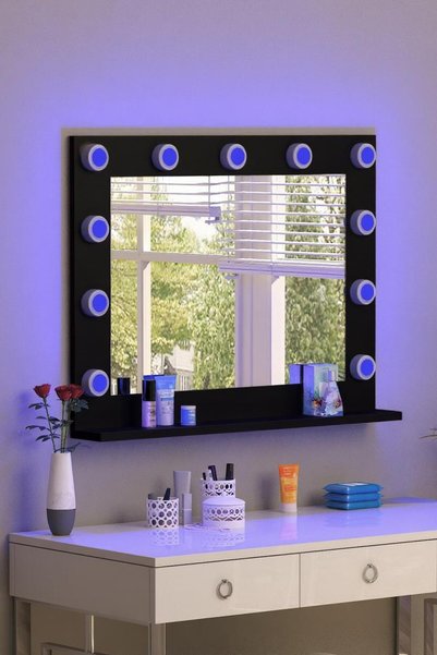 nysamo 90x70cm Siyah Raflı Işıklı Kumandalı Makyaj Masası Etejer Banyo Aynası Dresuar Salon Aynası