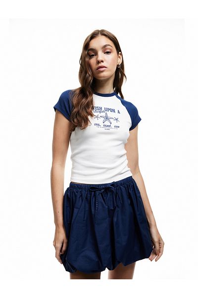 Koton New Season Raglan Short Sleeve Slim Fit Crew Neck Printed Cotton T-Shirt