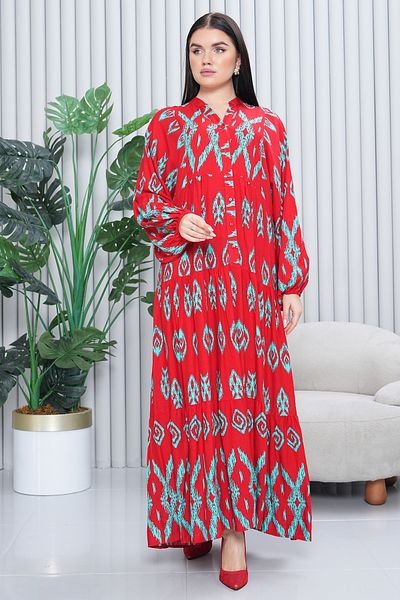 EL jadida Women's Katkat Patterned Plus Size Viscose Hijab Dress Red