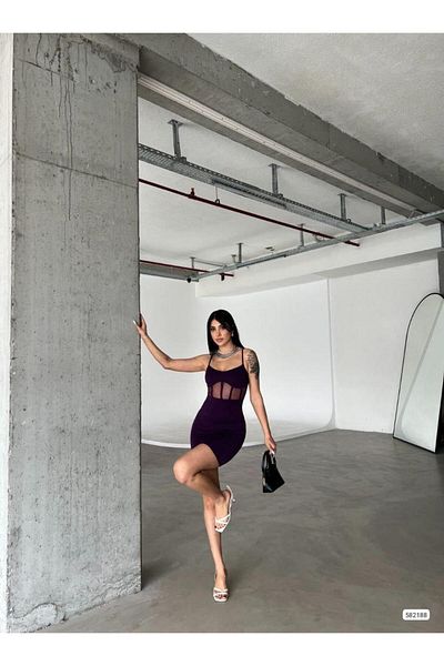 Modafeminen Waist Detailed Thin Strap Mini Dress Purple 582188