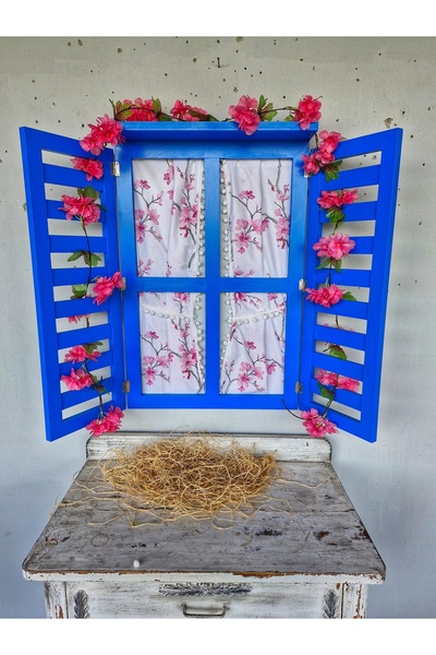 Home El boyaması dekoratif ahşap panjurlu pencere,perdeli,100×70cm yer kaplar