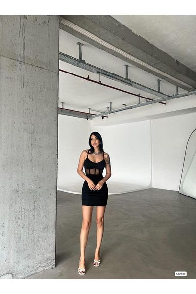 Modafeminen Waist Detailed Thin Strap Mini Dress Black 582188