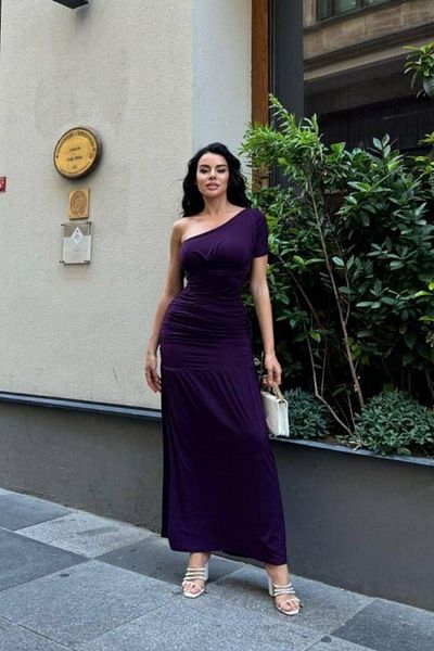Mossta One Shoulder Gathered Sandy Dress - Purple