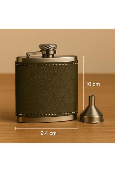 PERLOTUS 5 oz 150 Cc Khaki Green Handmade Leather Cover Steel Whiskey Pocket Flask