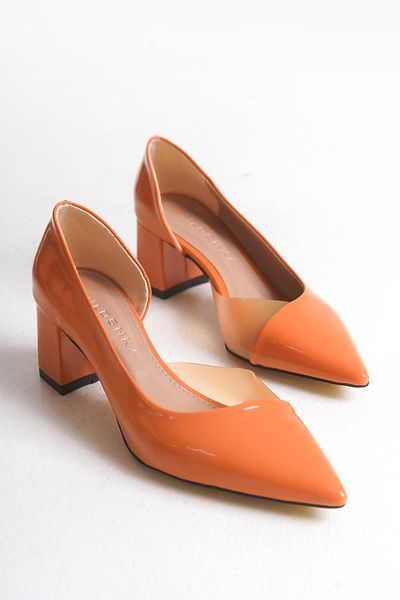 Niloshka Fabio Orange Patent Leather Transparent Detailed Stiletto Shoes