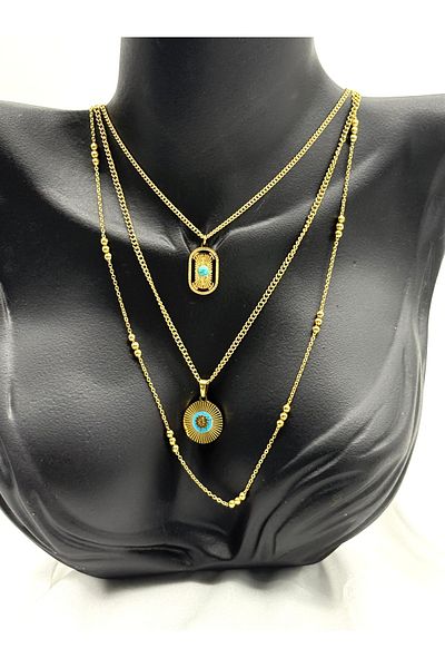 Lunays قلادة نسائية من الفولاذ المقاوم للصدأ مكونة من 3 قطع من Alisa Model Turquoise Stone Chain باللون الذهبي