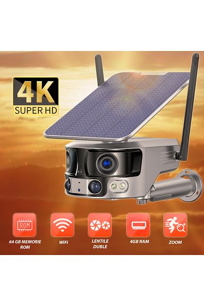 Spionescu Solar-powered surveillance camera, 4G, 4K, 8MP, AI human detection, 180° panoramic view